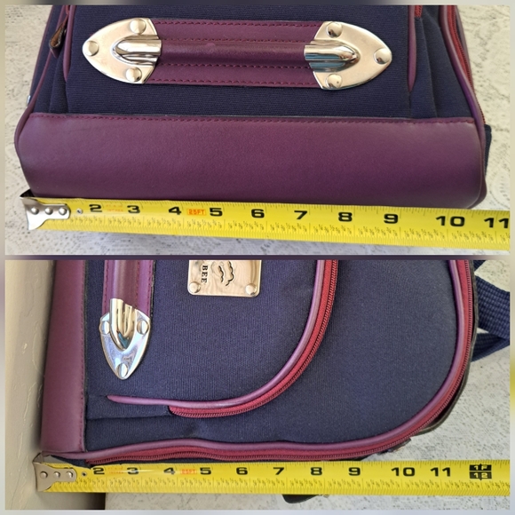 Small Canvas & Leather Backpack Navy and Plum with Silver Hardware Bee Accent - Picture 14 of 14